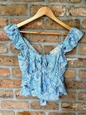 Moa Moa Blue Floral Peasant Top Size XS Festival Coquette Cottagecore